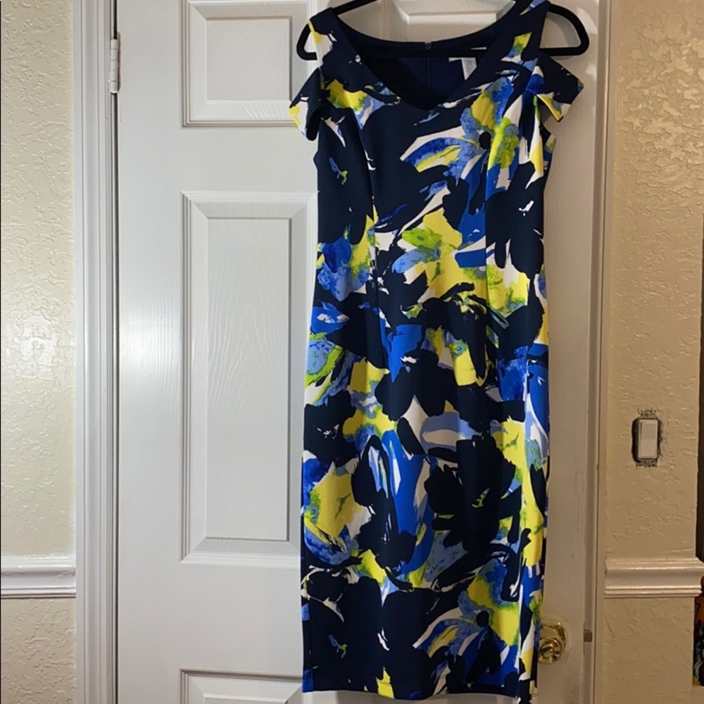 London Times Off the Shoulder Blue Yellow Dress